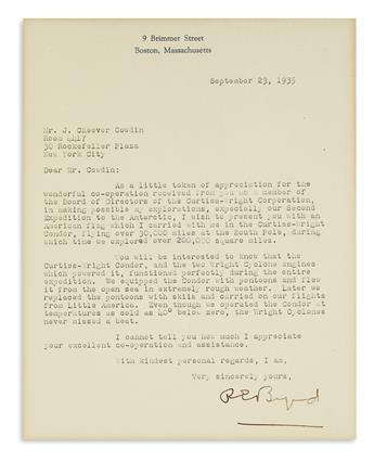 BYRD, RICHARD E. Typed Letter Signed, REByrd, to American financier John Cheever Cowdin,